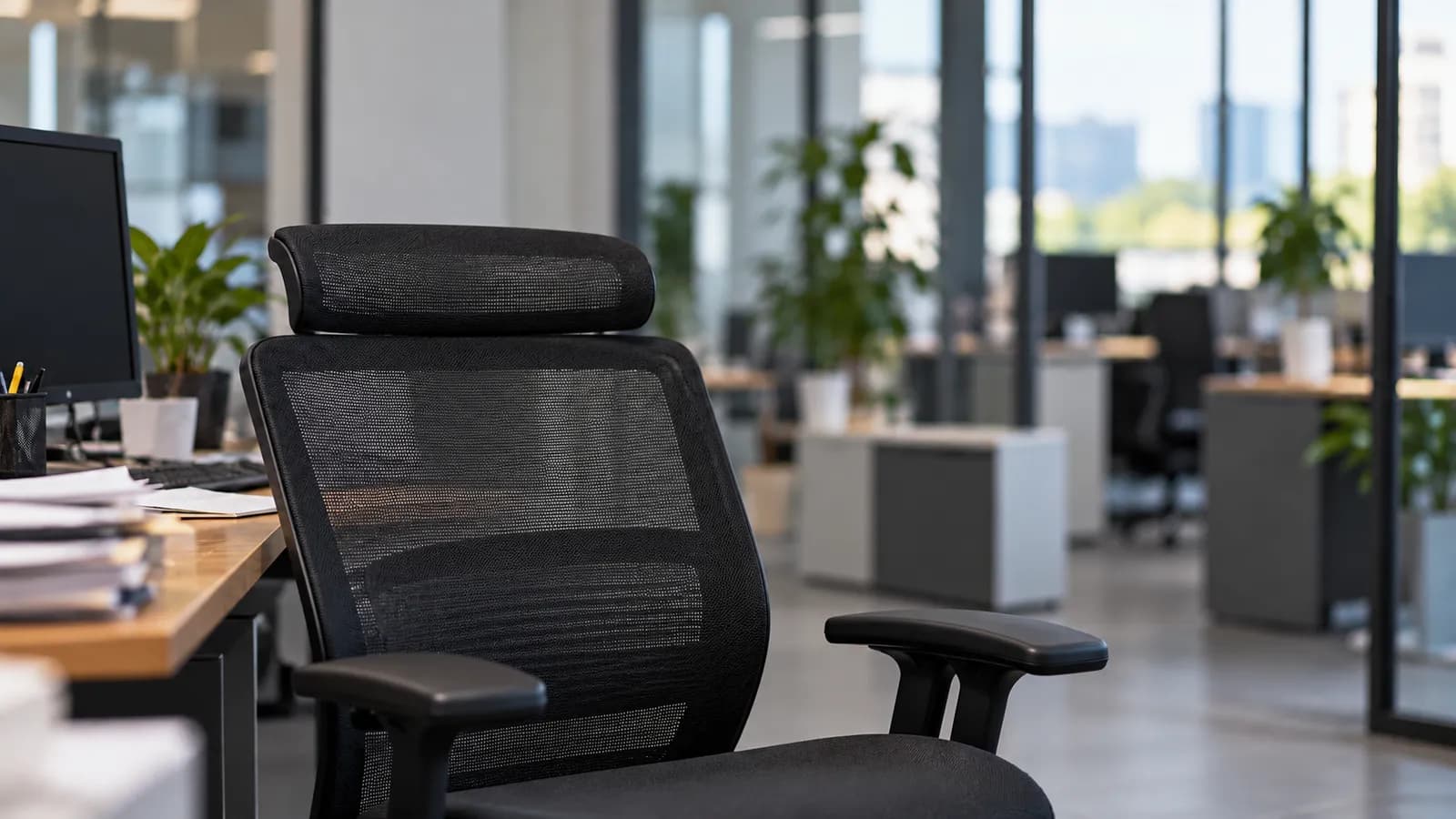 An empty office chair in a glass-walled open-plan office
