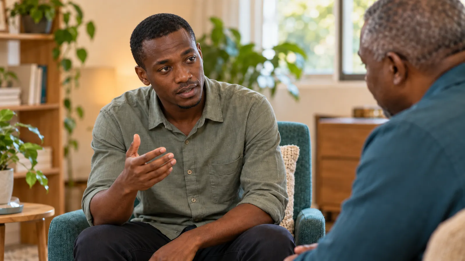 A man speaking earnestly to an older man in a calm, softly lit room