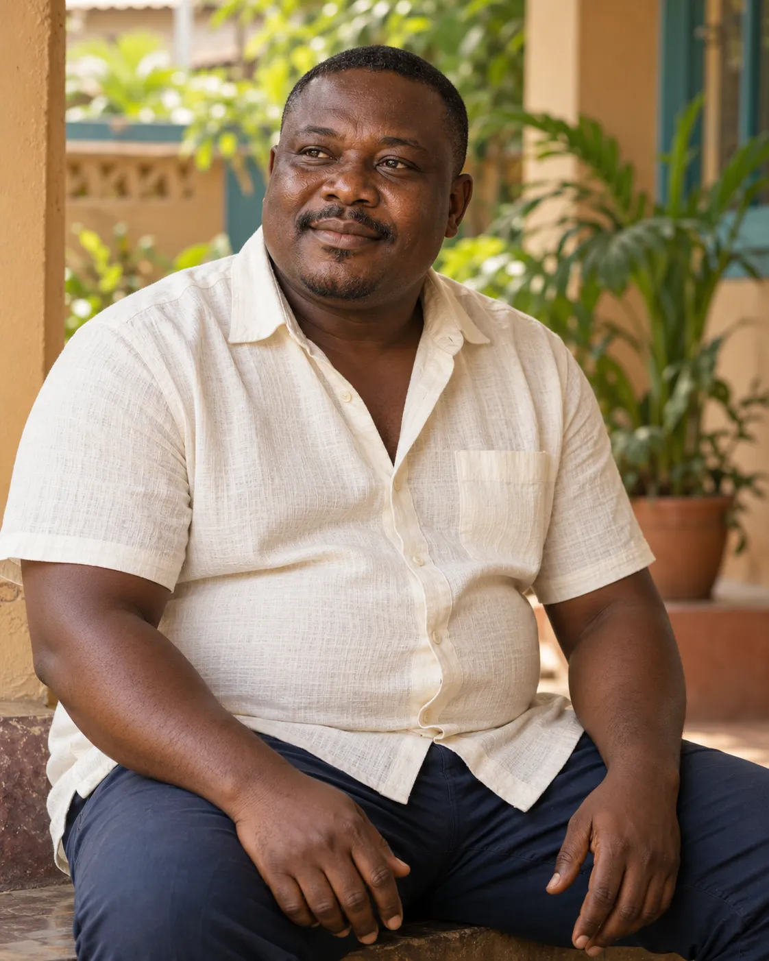 A man sitting thoughtfully on a veranda