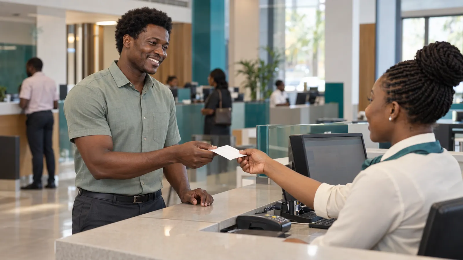 A smiling man handing a document to a bank teller at the counter