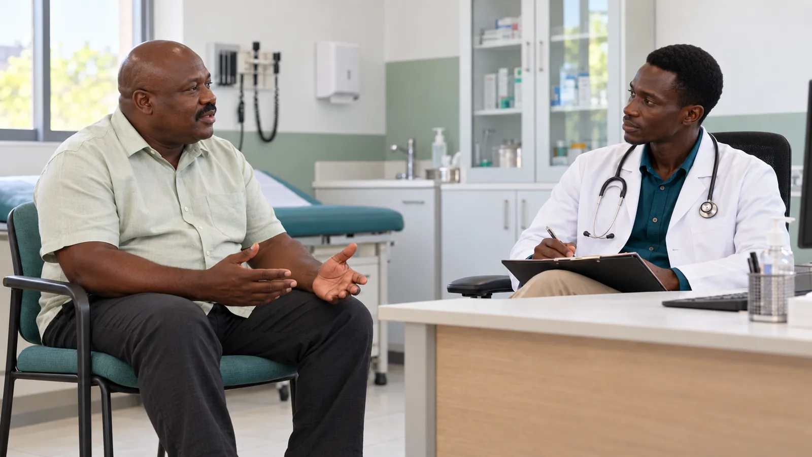 A man talking openly with a doctor in a clinic consultation room