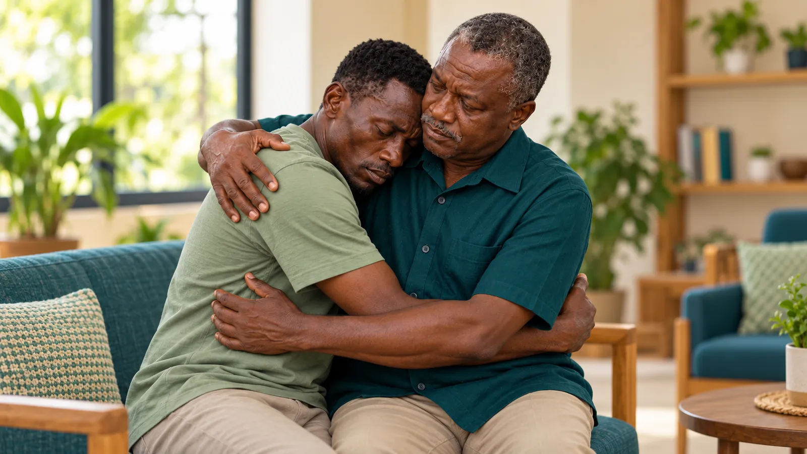 Two men sharing a comforting embrace on a sofa