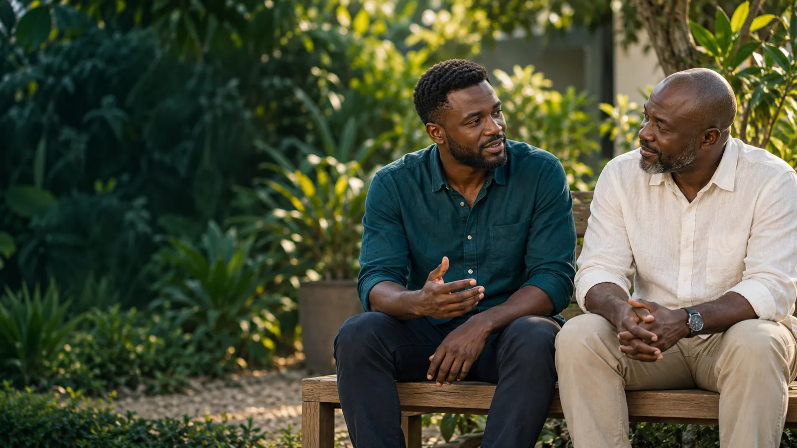 Two men in conversation in a garden