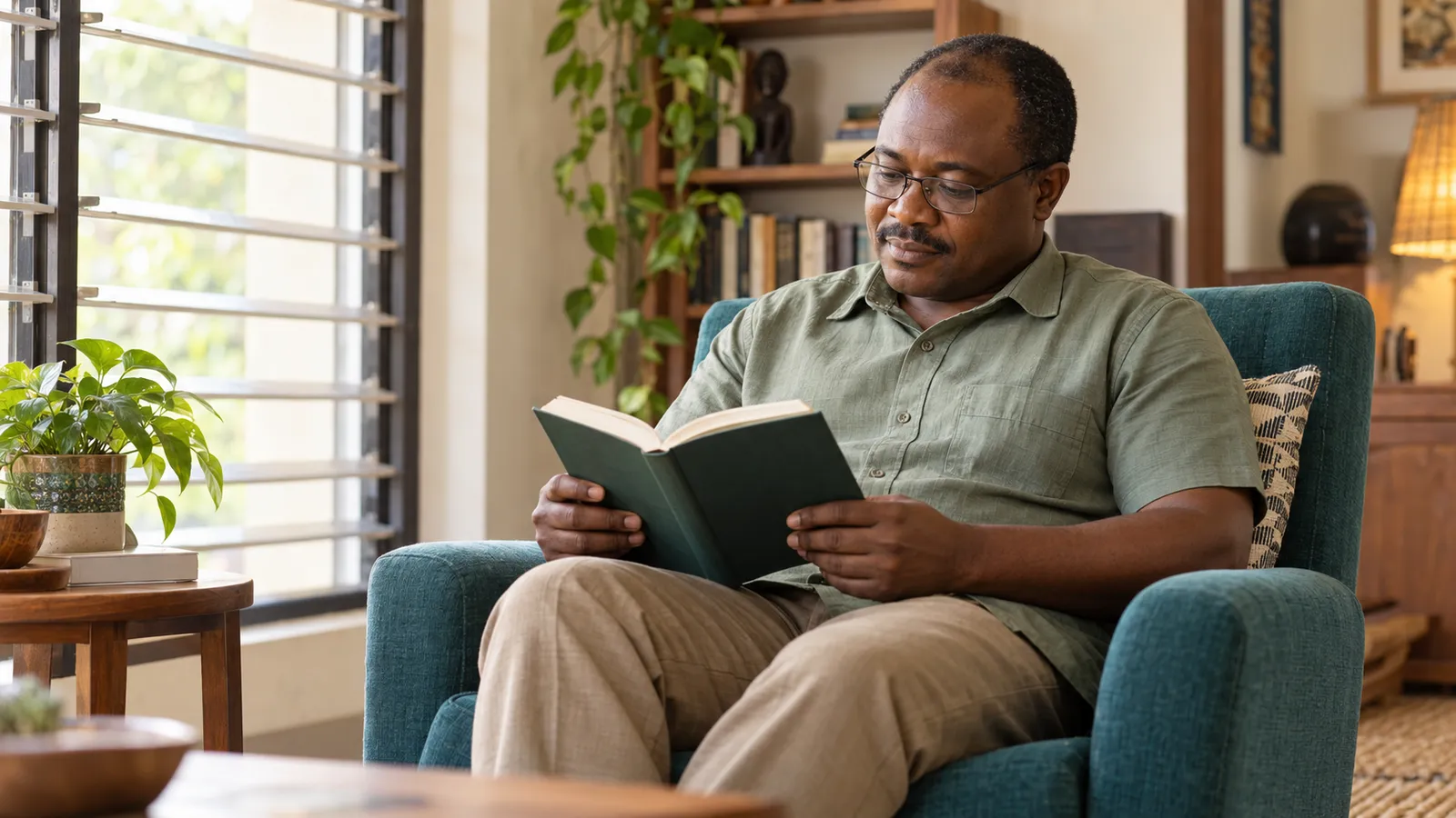 A man calmly reading a book in an armchair beside a sunlit window
