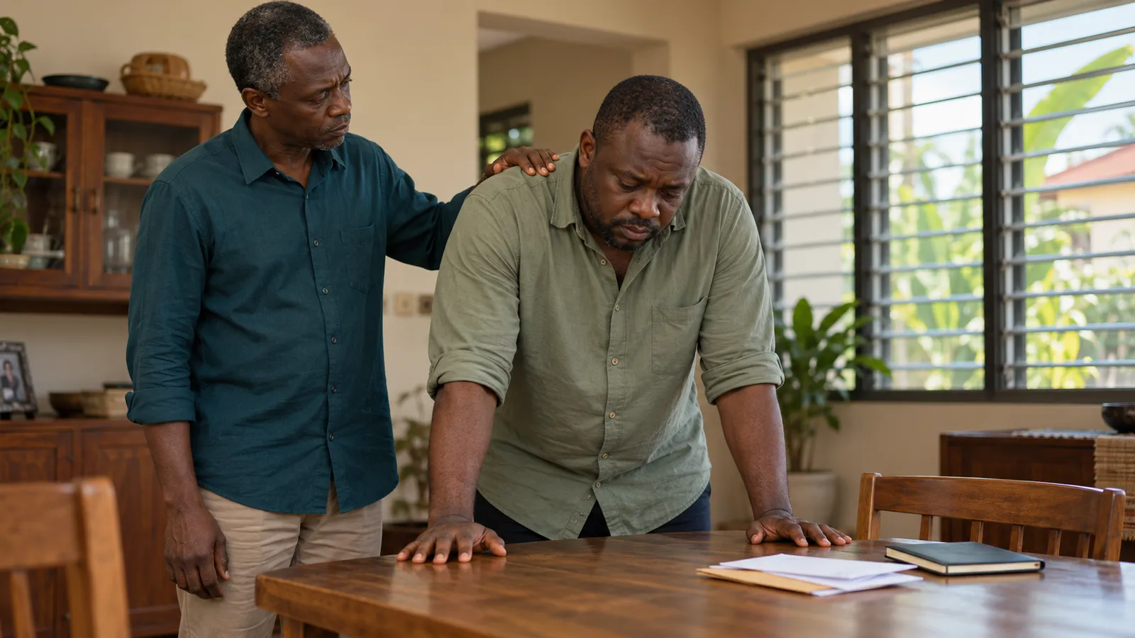 A man leaning on a table under heavy strain while an older man rests a supportive hand on his shoulder