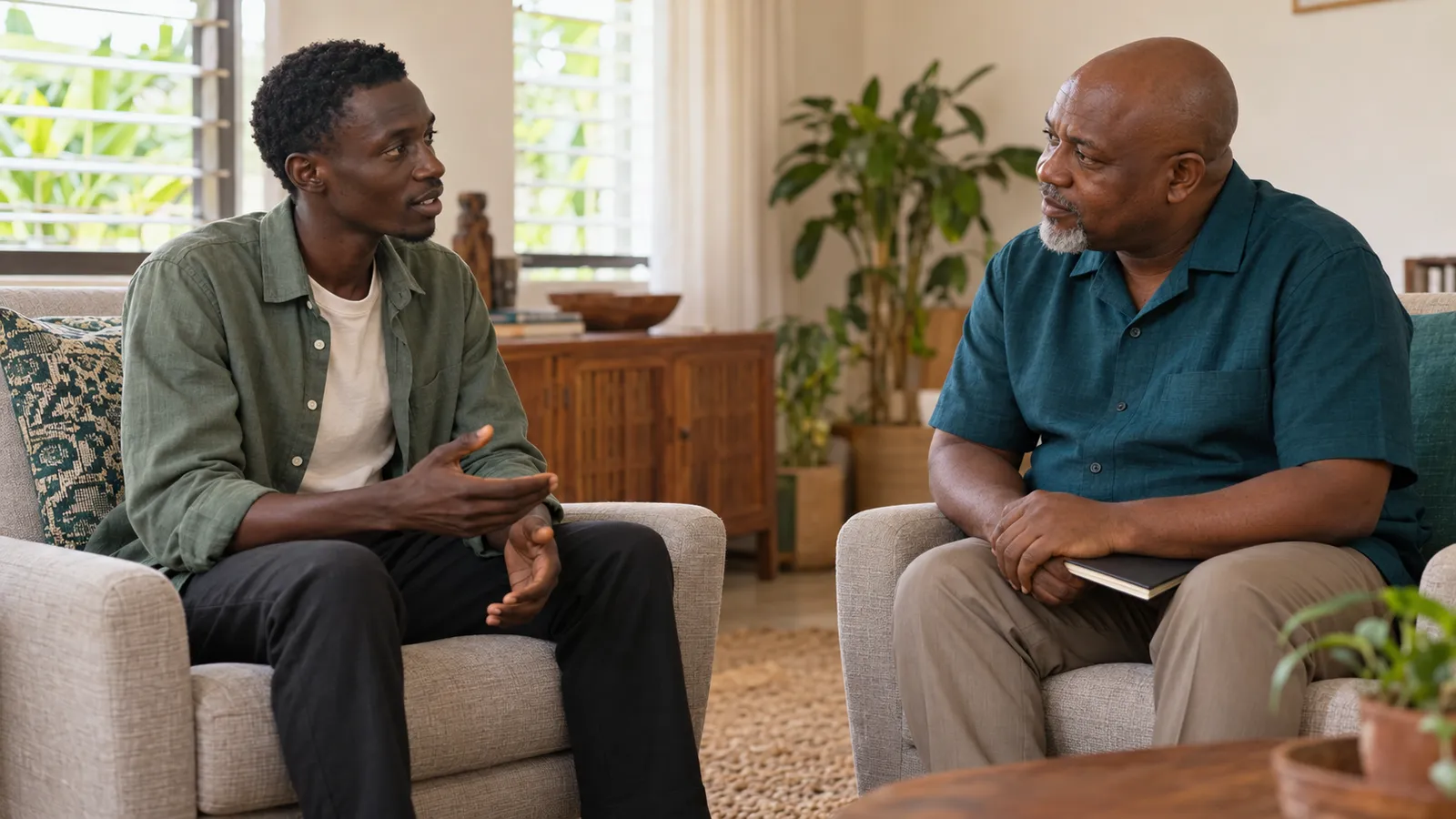 Two men talking together in a calm, supportive conversation