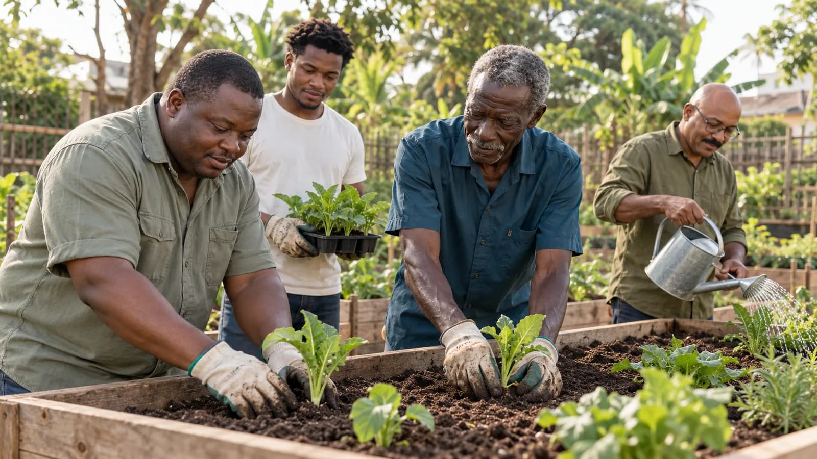 Volunteers planting seedlings together